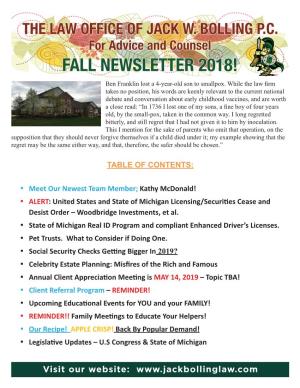 FALL NEWSLETTER 2018! Ben Franklin Lost a 4-Year-Old Son to Smallpox