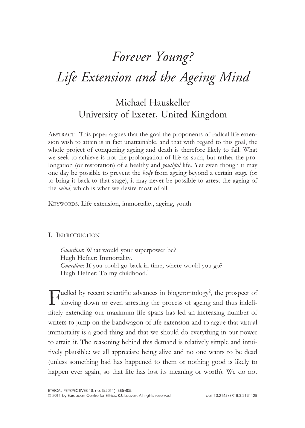 Forever Young? Life Extension and the Ageing Mind