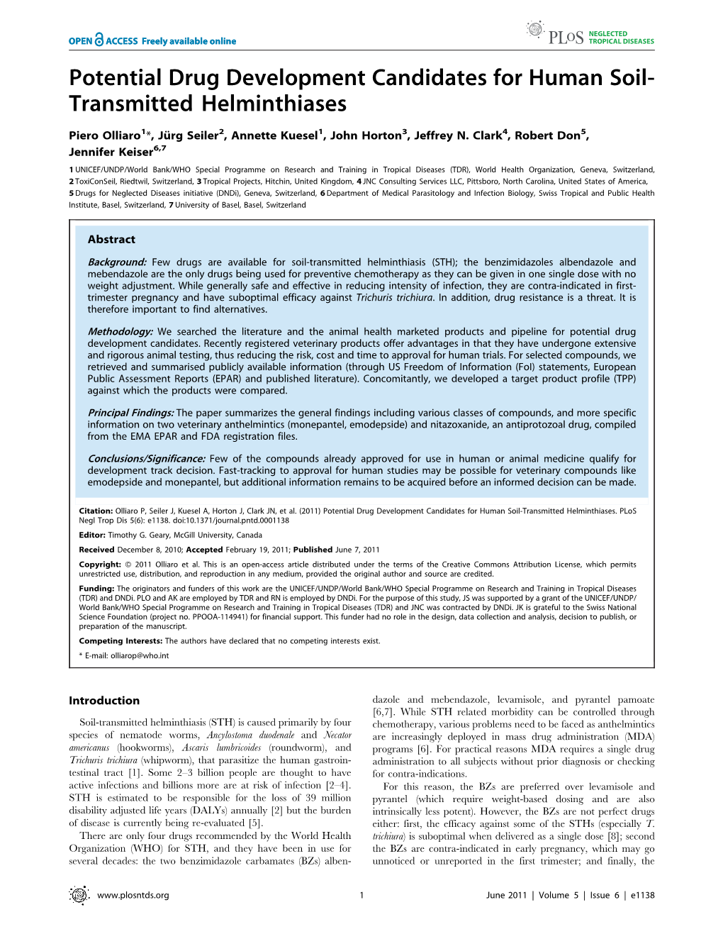 Potential Drug Development Candidates for Human Soil- Transmitted Helminthiases