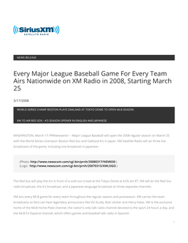 Every Major League Baseball Game for Every Team Airs Nationwide on XM Radio in 2008, Starting March 25