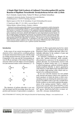 A Simple High-Yield Synthesis of Gallium(I) Tetrachlorogallate(III) and the Reaction of Digallium Tetrachloride Tetrahydrofuran Solvate with 1,2-Diols Eva S