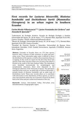 First Records for Lasiurus Blossevillii, Histiotus Humboldti and Enchisthenes Hartii (Mammalia: Chiroptera) in an Urban Region in Southern Ecuador