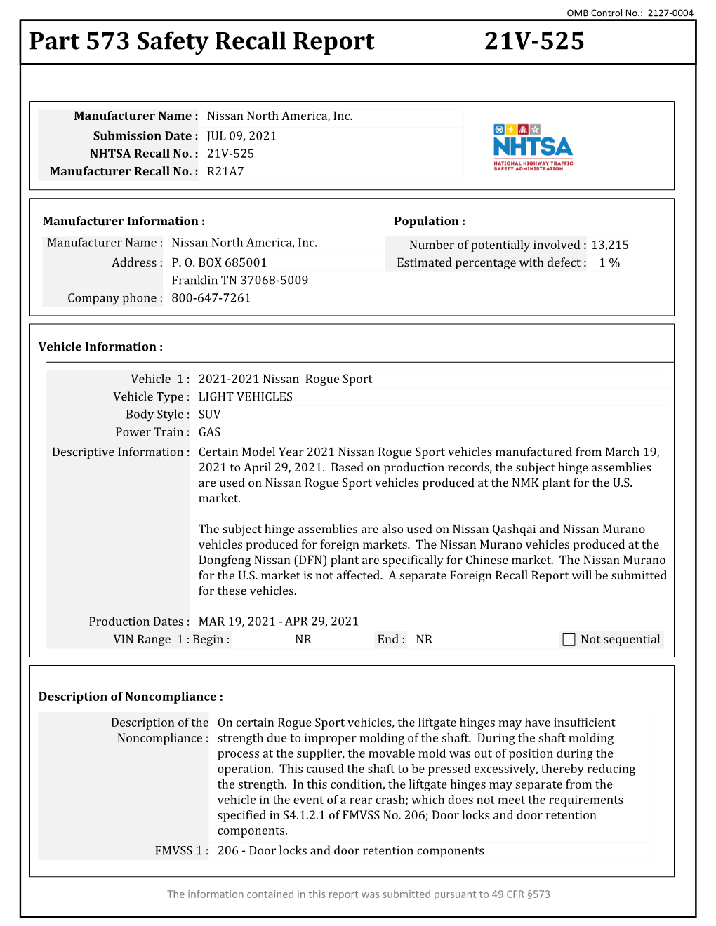 Part 573 Safety Recall Report 21V-525