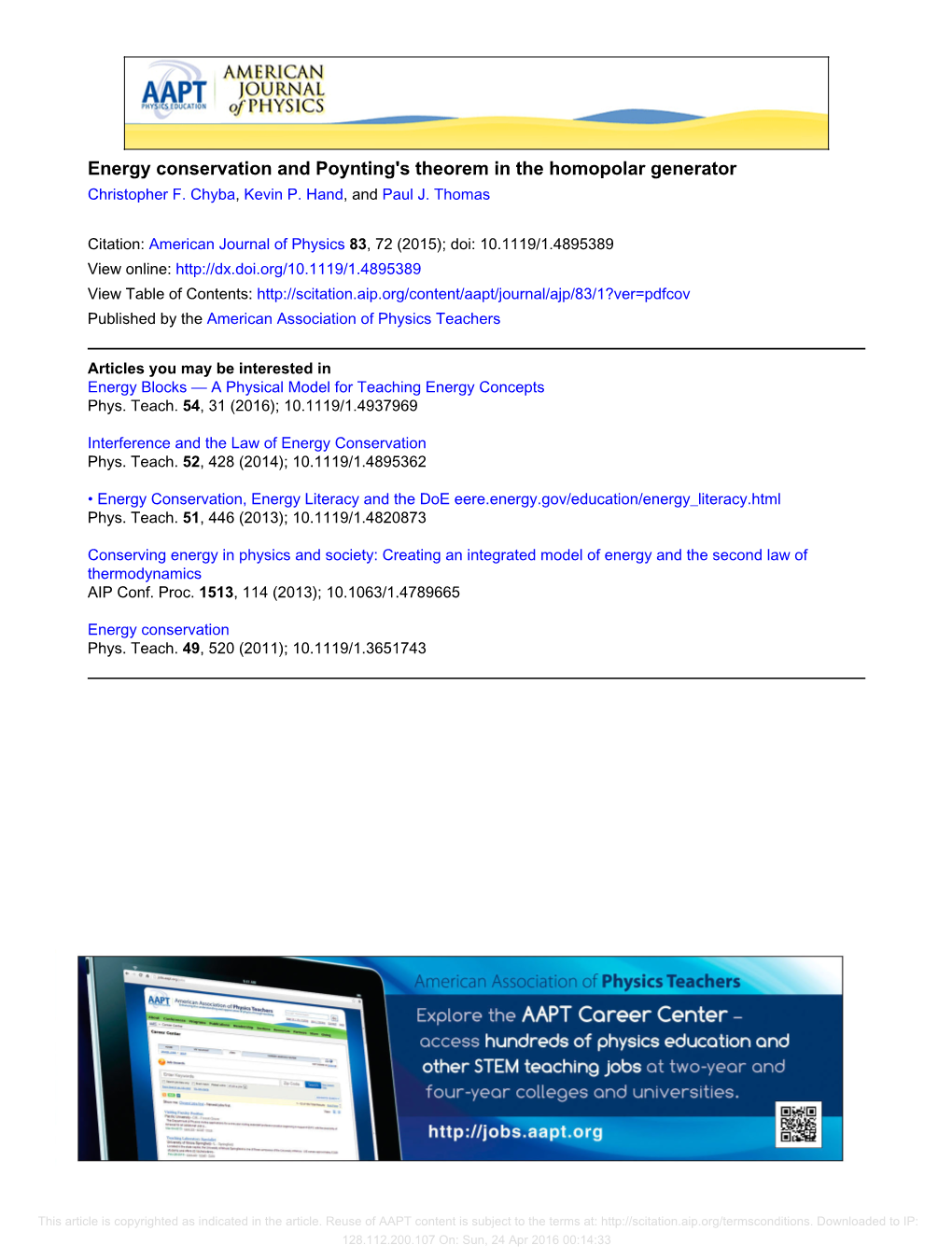 Energy Conservation and Poynting&Apos;S Theorem in the Homopolar Generator