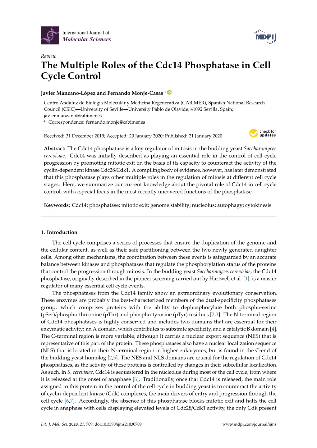 The Multiple Roles of the Cdc14 Phosphatase in Cell Cycle Control