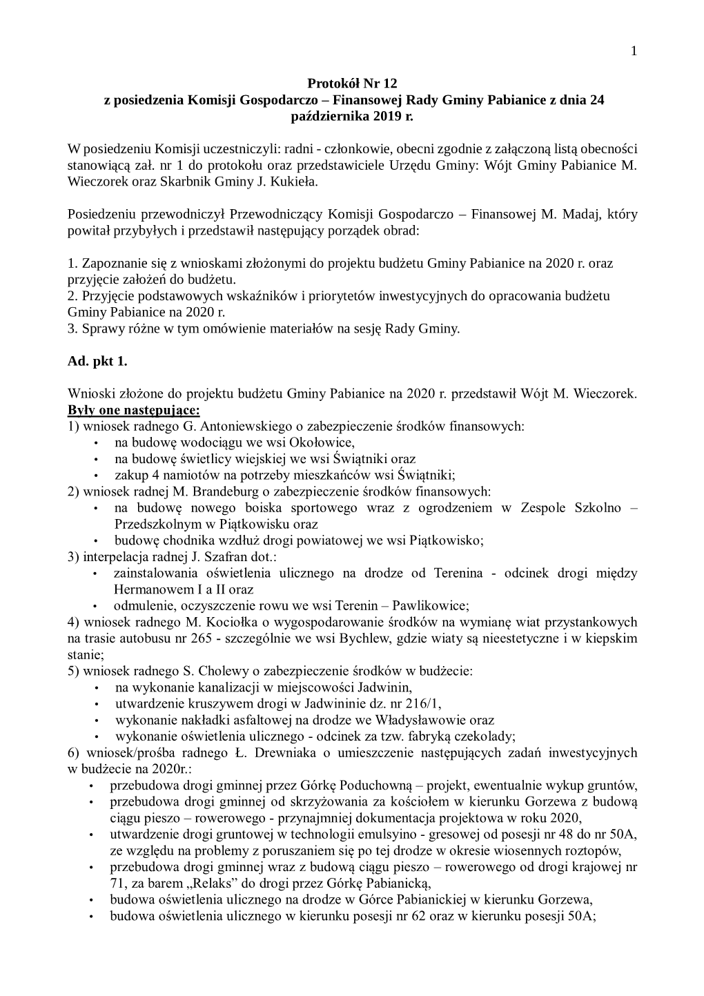 1 Protokół Nr 12 Z Posiedzenia Komisji Gospodarczo – Finansowej