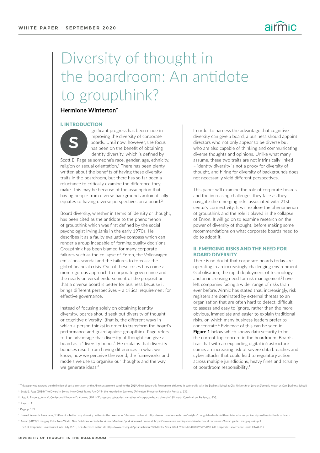 Diversity of Thought in the Boardroom: an Antidote to Groupthink? Hermione Winterton*