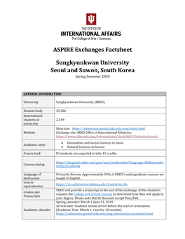 ASPIRE Exchanges Factsheet Sungkyunkwan University Seoul and Suwon, South Korea