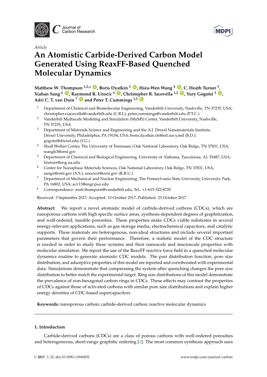 An Atomistic Carbide-Derived Carbon Model Generated Using Reaxff-Based Quenched Molecular Dynamics