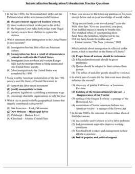 Industrialization/Immigration/Urbanization Practice Questions