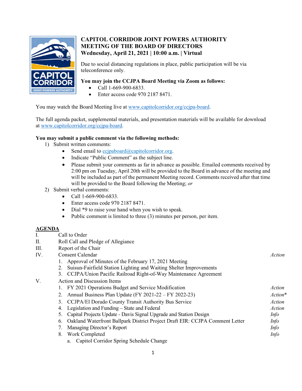 CAPITOL CORRIDOR JOINT POWERS AUTHORITY MEETING of the BOARD of DIRECTORS Wednesday, April 21, 2021 | 10:00 A.M