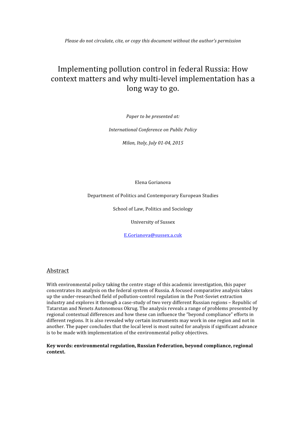 Implementing Pollution Control in Federal Russia: How Context Matters and Why Multi-Level Implementation Has a Long Way to Go