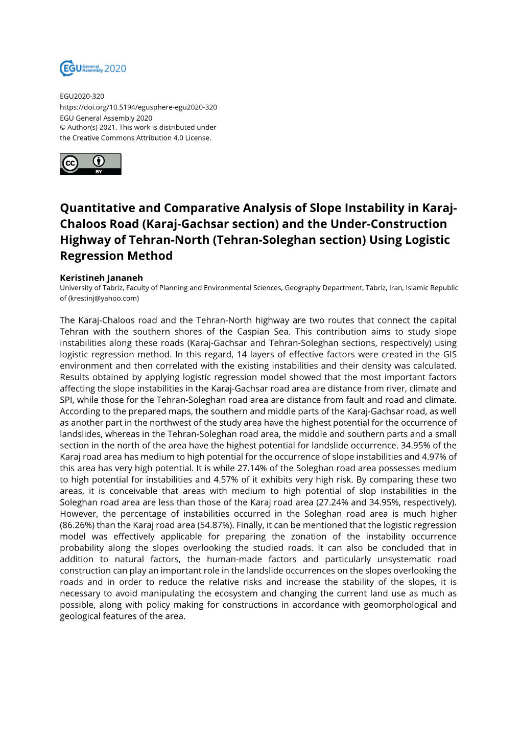 Quantitative and Comparative Analysis of Slope Instability in Karaj