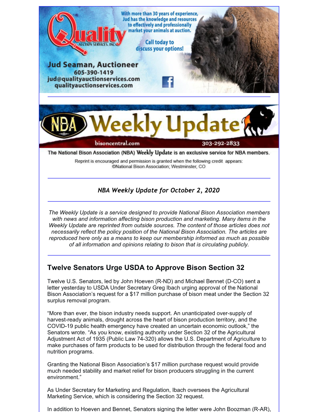Twelve Senators Urge USDA to Approve Bison Section 32