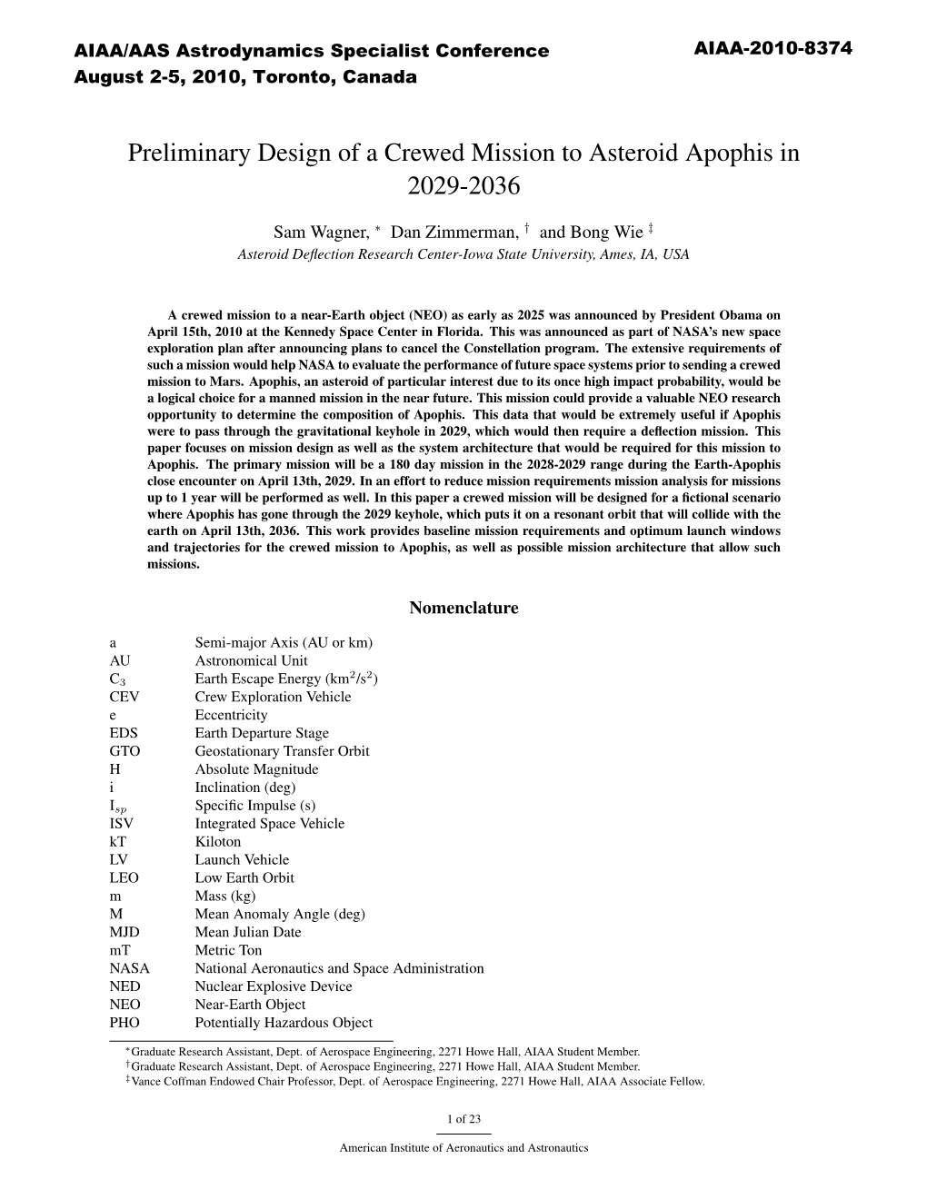 Preliminary Design of a Crewed Mission to Asteroid Apophis in 2029-2036