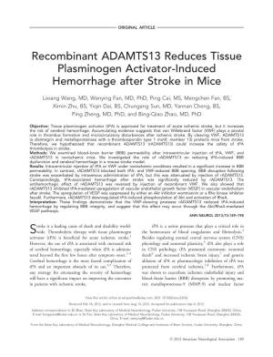 Recombinant ADAMTS13 Reduces Tissue Plasminogen Activator-Induced Hemorrhage After Stroke in Mice