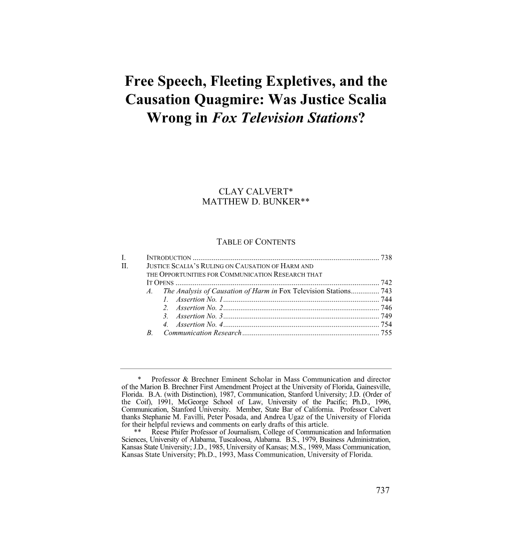 Free Speech, Fleeting Expletives, and the Causation Quagmire: Was Justice Scalia Wrong in Fox Television Stations?