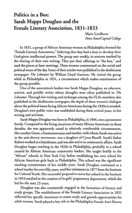 Politics in a Box: Sarah Mapps Douglass and the Female Literary Association, 1831-1833 Marie Lindhorst Penn State/Capitalcollege