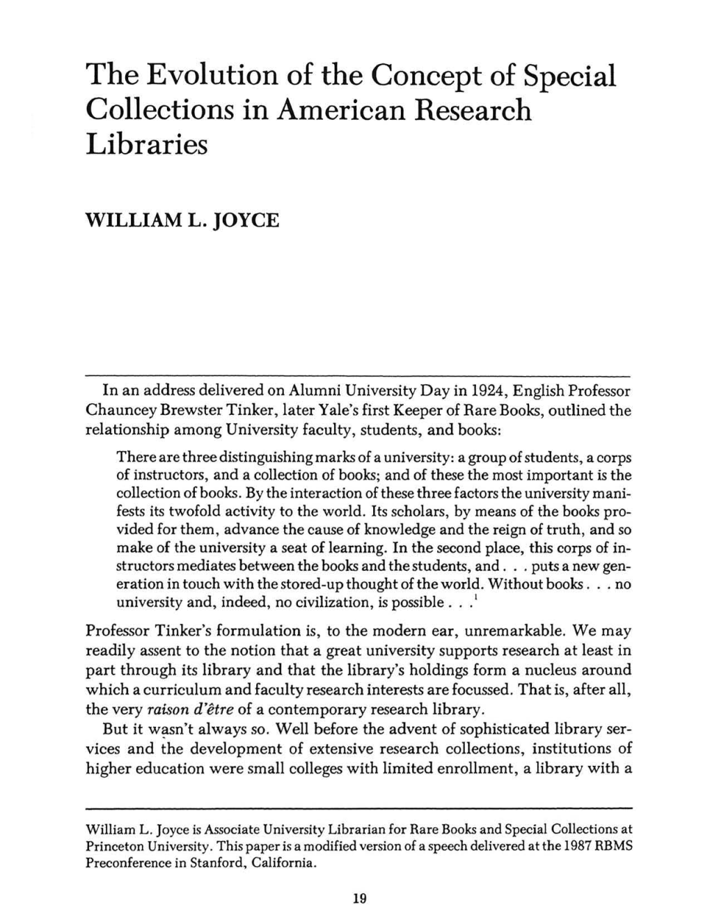 The Evolution of the Concept of Special Collections in American Research Libraries