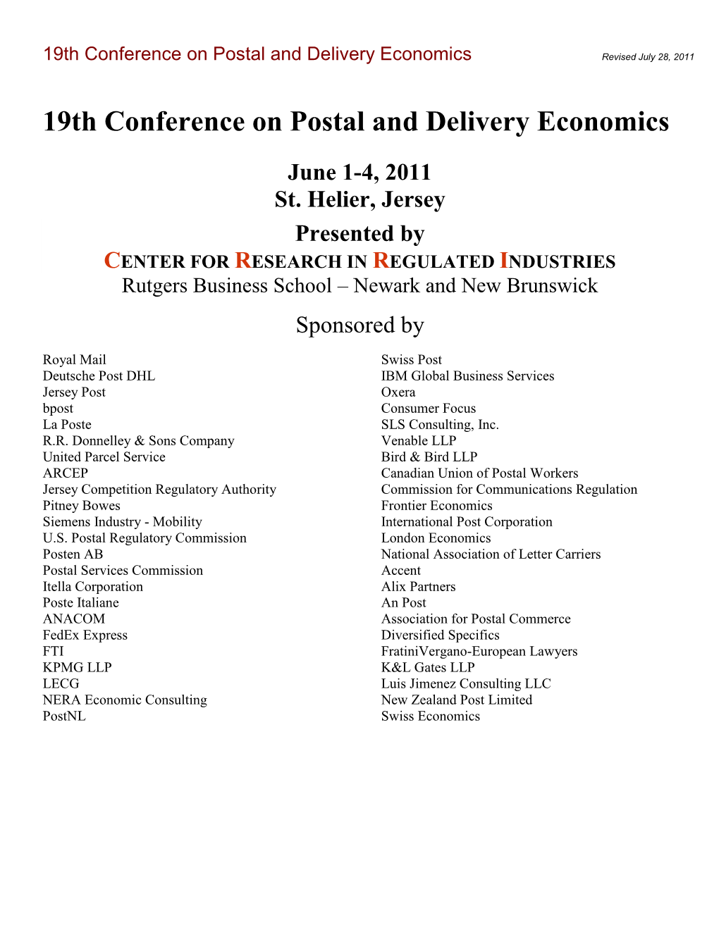 19Th Conference on Postal and Delivery Economics Revised July 28, 2011