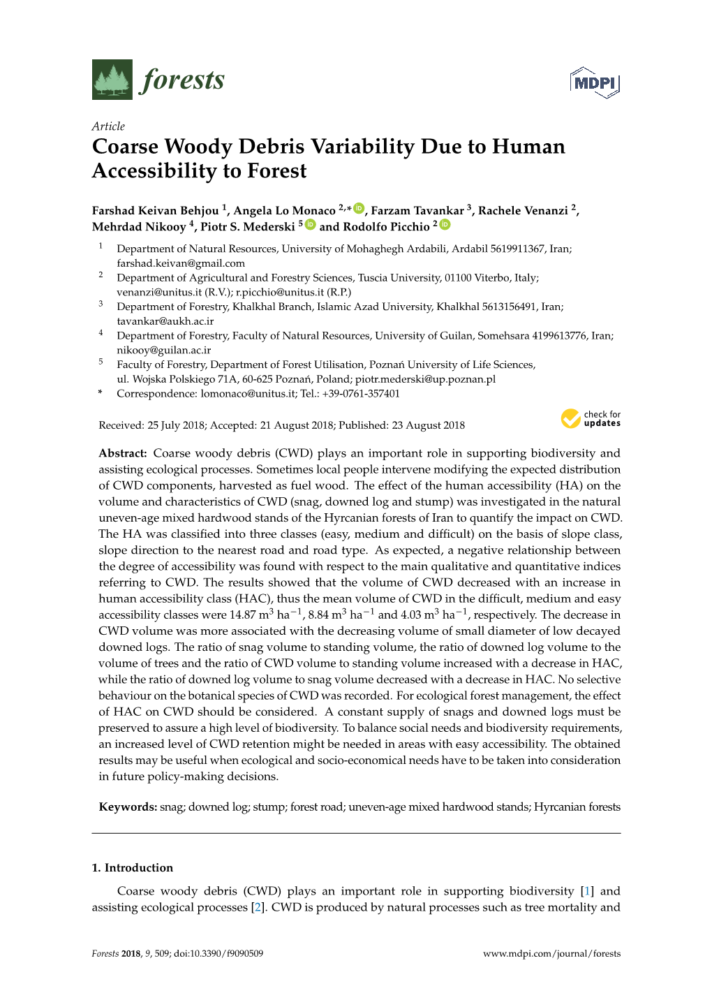 Coarse Woody Debris Variability Due to Human Accessibility to Forest