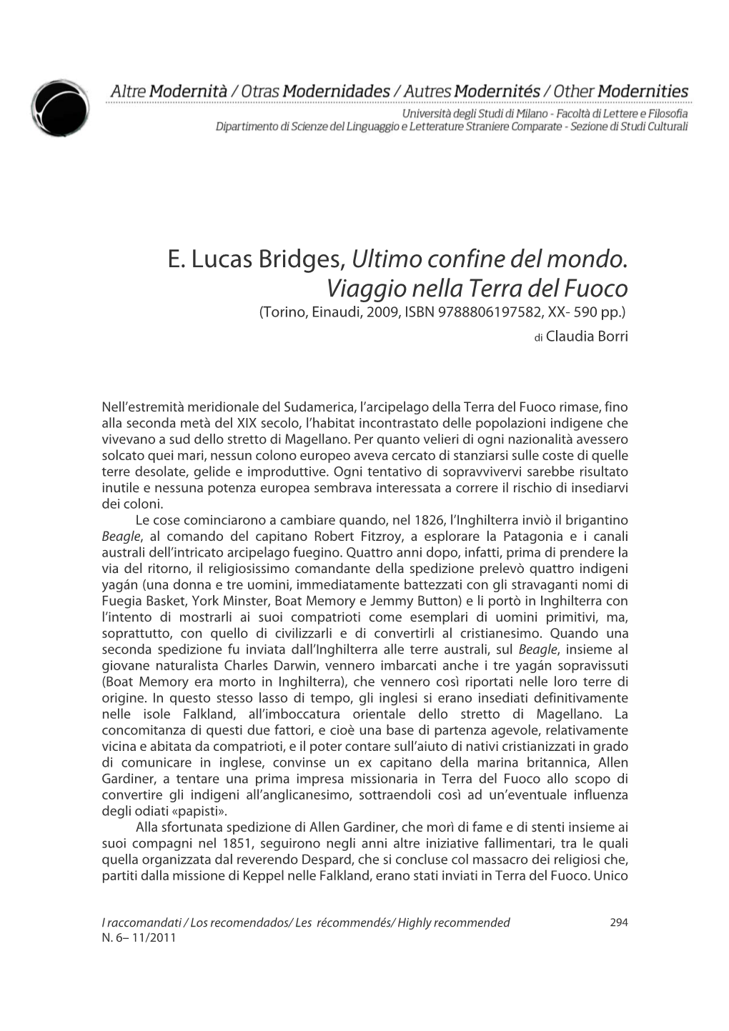 E. Lucas Bridges, Ultimo Confine Del Mondo. Viaggio Nella Terra Del Fuoco