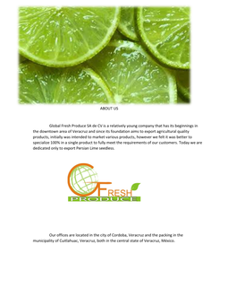 ABOUT US Global Fresh Produce SA De CV Is a Relatively Young Company That Has Its Beginnings in the Downtown Area of Veracruz An