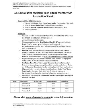DC Comics Dice Masters: Teen Titans Monthly OP Instruction Sheet