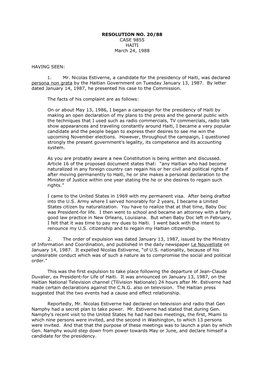 1. Mr. Nicolas Estiverne, a Candidate for the Presidency of Haiti, Was Declared Persona Non Grata by the Haitian Government on Tuesday January 13, 1987