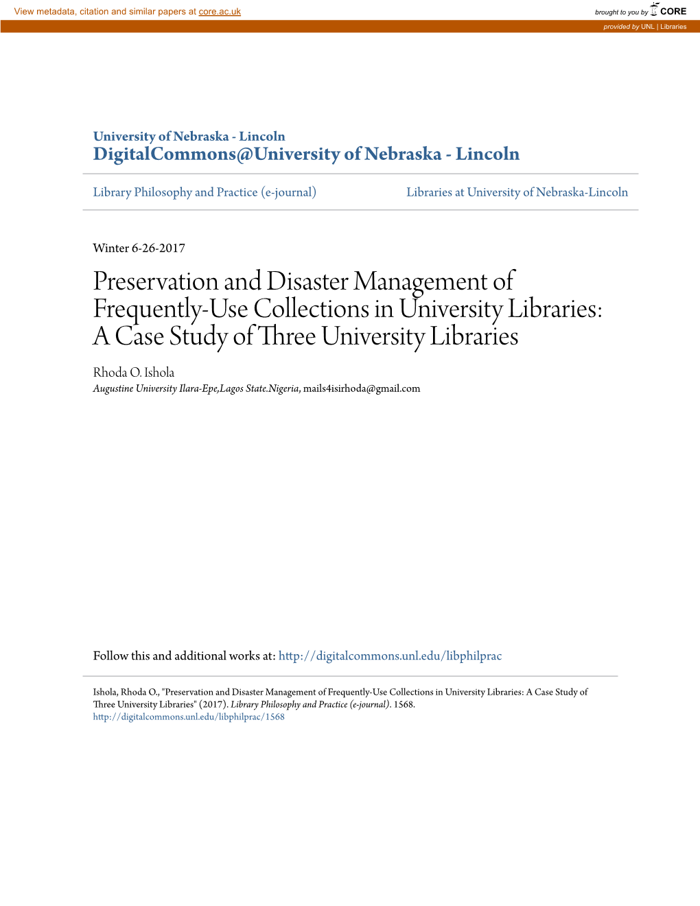 Preservation and Disaster Management of Frequently-Use Collections in University Libraries: a Case Study of Three University Libraries Rhoda O