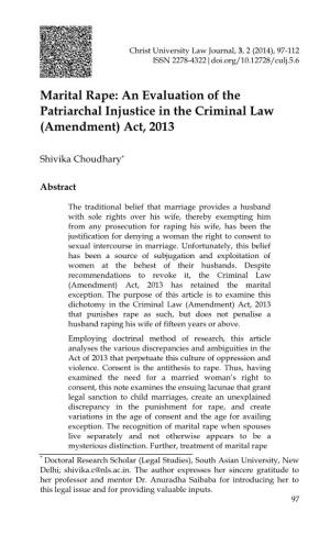 Marital Rape: an Evaluation of the Patriarchal Injustice in the Criminal Law (Amendment) Act, 2013