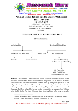Nizam-Ul-Mulk's Relation with the Emperor Muhammad Shah