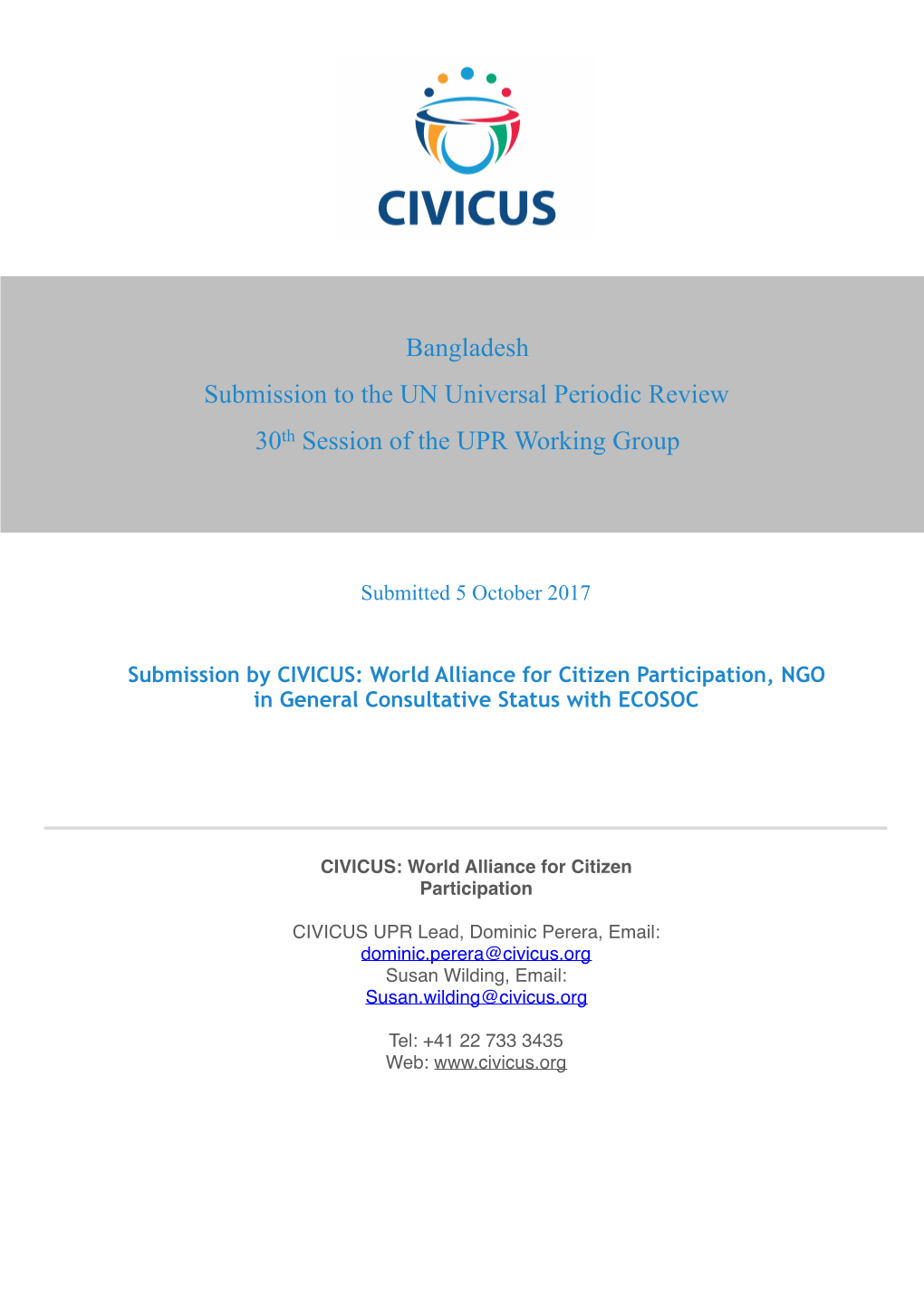 Bangladesh Submission to the UN Universal Periodic Review 30Th Session of the UPR Working Group