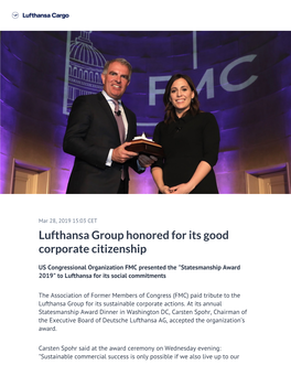 Lufthansa Group Honored for Its Good Corporate Citizenship