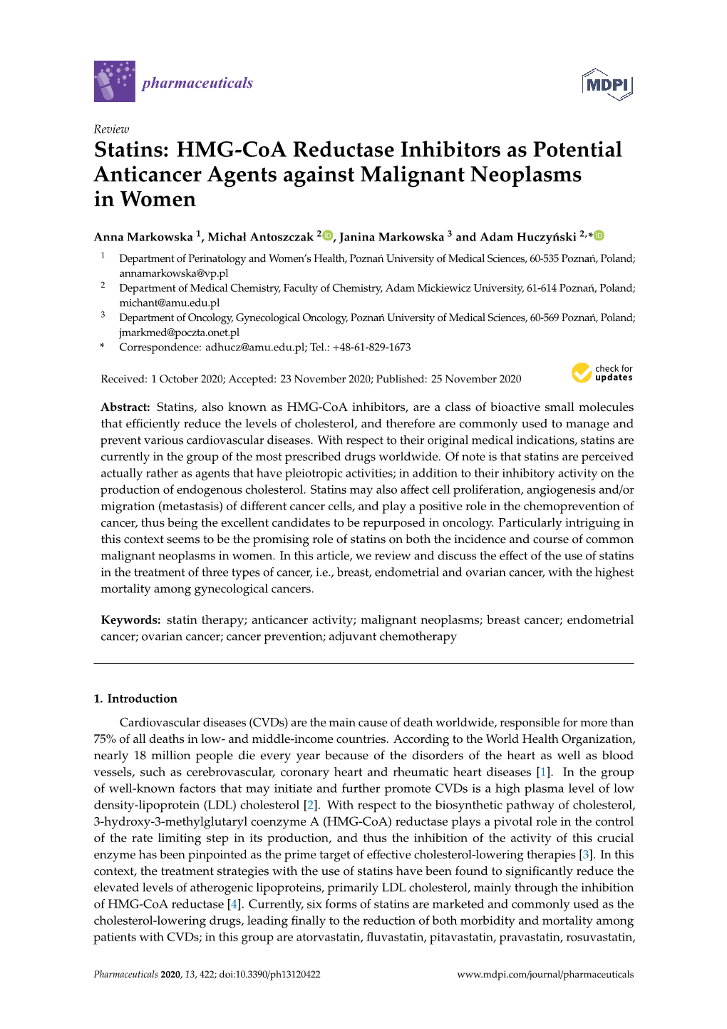 Statins: HMG-Coa Reductase Inhibitors As Potential Anticancer Agents Against Malignant Neoplasms in Women