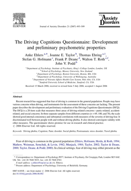 The Driving Cognitions Questionnaire: Development and Preliminary Psychometric Properties Anke Ehlers A,*, Joanne E