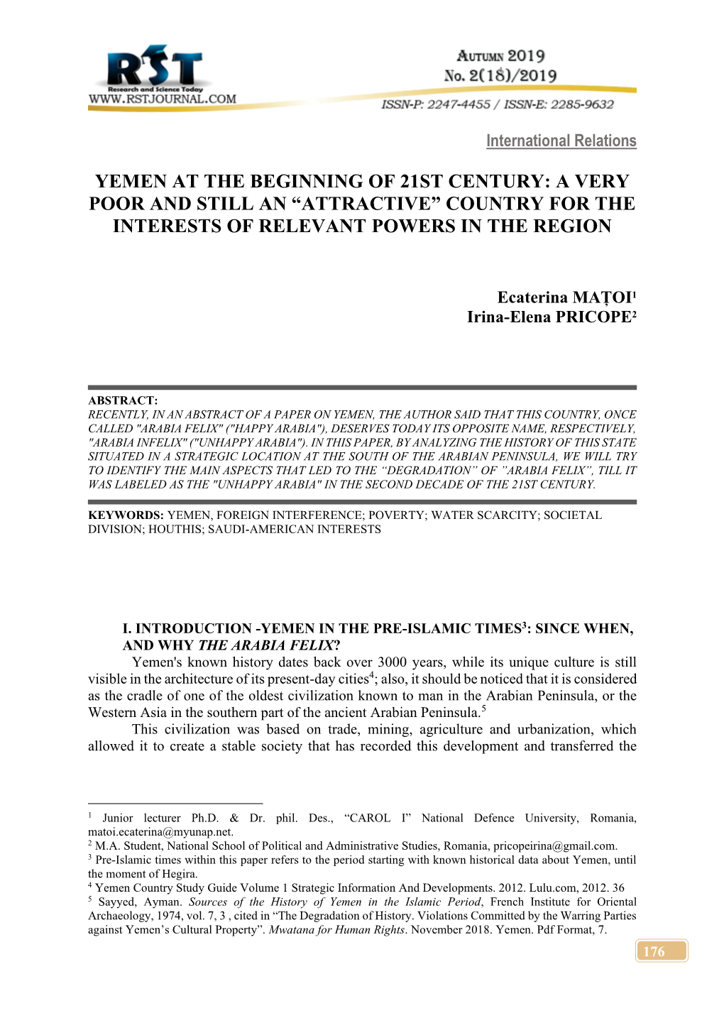 Yemen at the Beginning of 21St Century: a Very Poor and Still an “Attractive” Country for the Interests of Relevant Powers in the Region