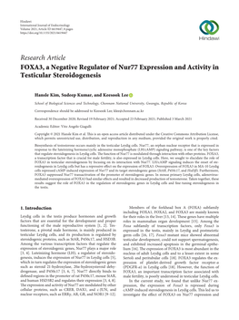 FOXA3, a Negative Regulator of Nur77 Expression and Activity in Testicular Steroidogenesis