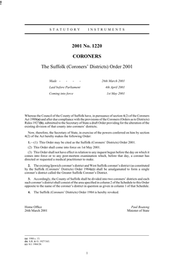 2001 No. 1220 CORONERS the Suffolk (Coroners' Districts) Order 2001