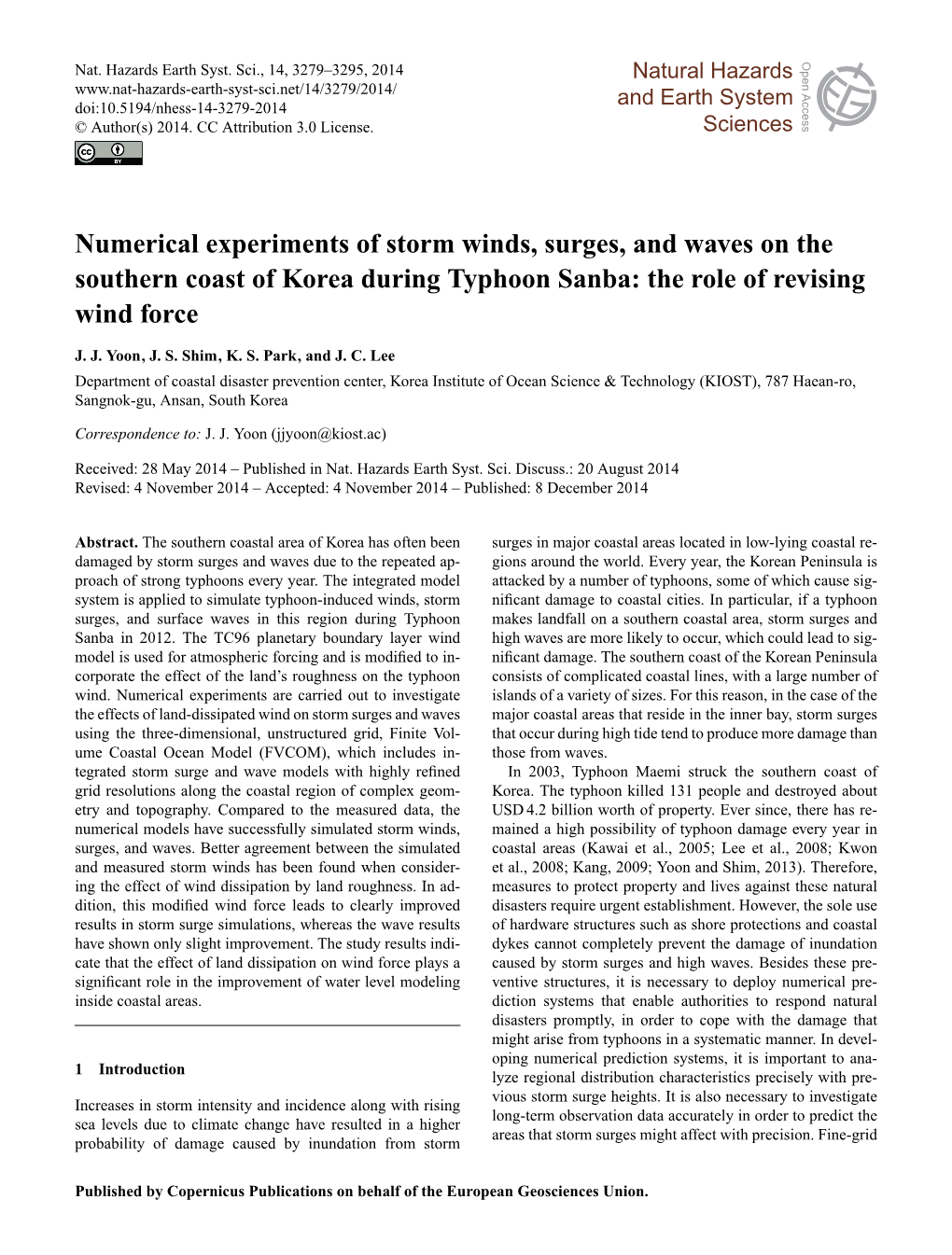 Numerical Experiments of Storm Winds, Surges, and Waves on the Southern Coast of Korea During Typhoon Sanba: the Role of Revising Wind Force