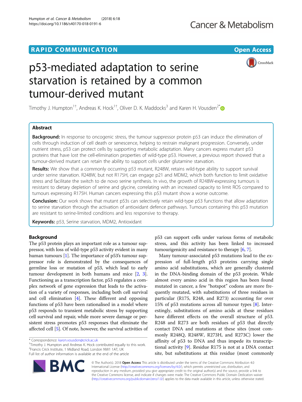 P53-Mediated Adaptation to Serine Starvation Is Retained by a Common Tumour-Derived Mutant Timothy J