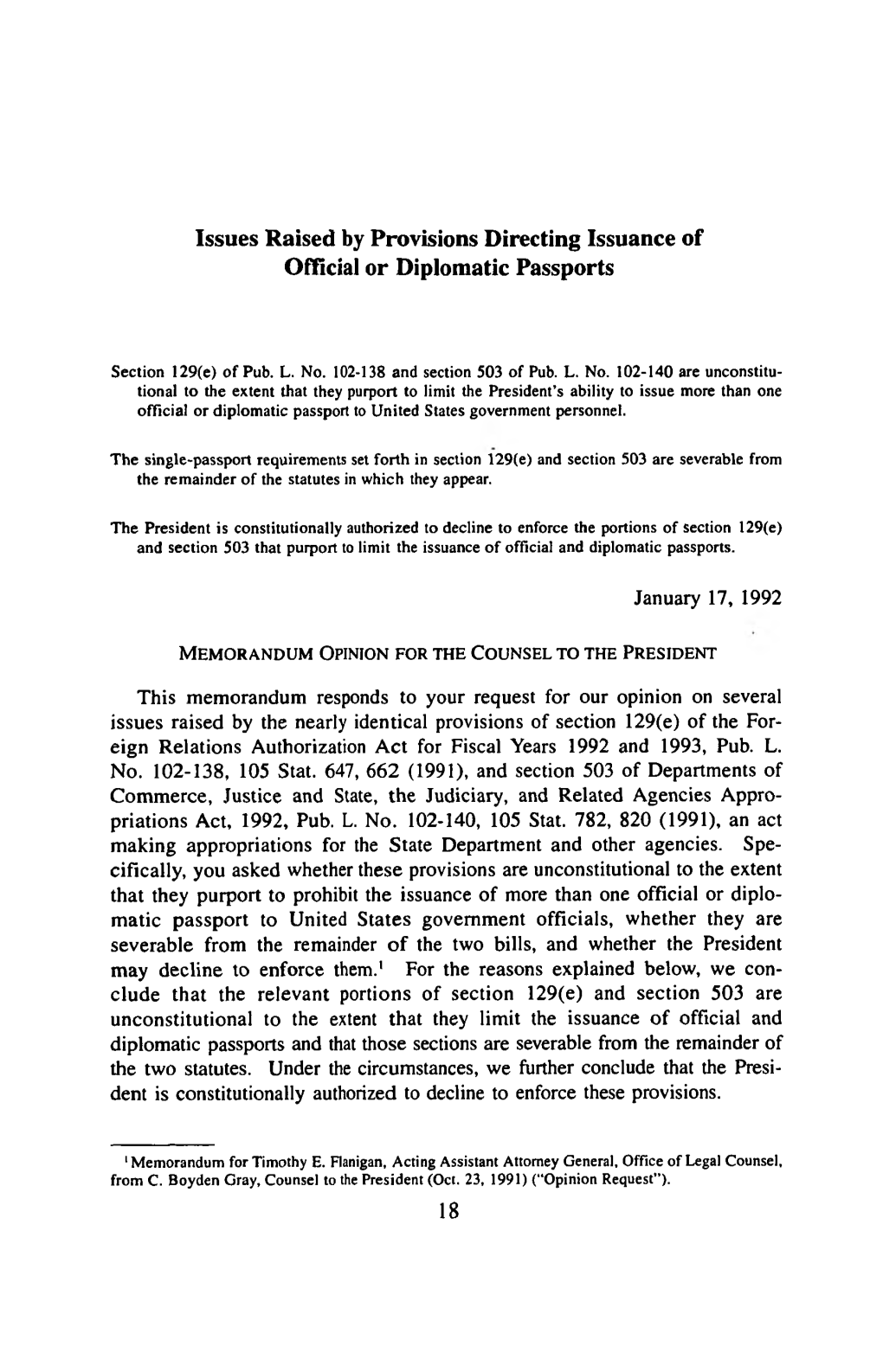 Issues Raised by Provisions Directing Issuance of Official Or Diplomatic Passports