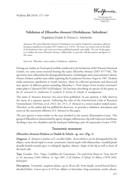 Validation of Elleanthus Thomasii (Orchidaceae, Sobralieae) Magdalena Dudek & Dariusz L