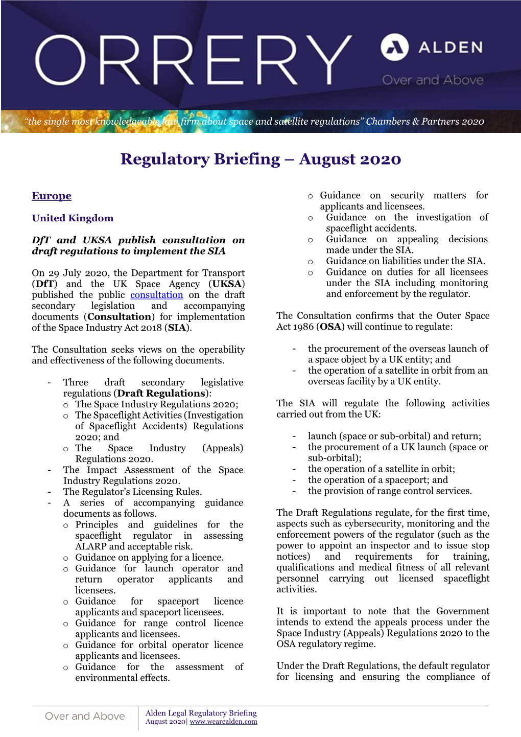 Regulatory Briefing – August 2020