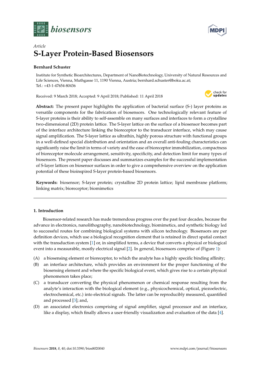 S-Layer Protein-Based Biosensors