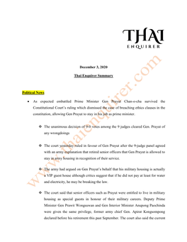 December 3, 2020 Thai Enquirer Summary Political News • As