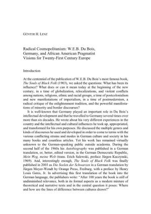 Radical Cosmopolitanism: W.E.B. Du Bois, Germany, and African American Pragmatist Visions for Twenty­First Century Europe