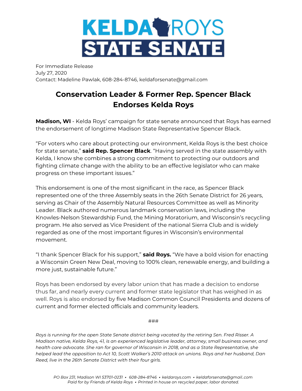 Conservation Leader & Former Rep. Spencer Black Endorses Kelda Roys