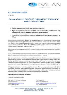 Asx Announcement Galan Acquires Option to Purchase Key Tenement at Hombre Muerto West