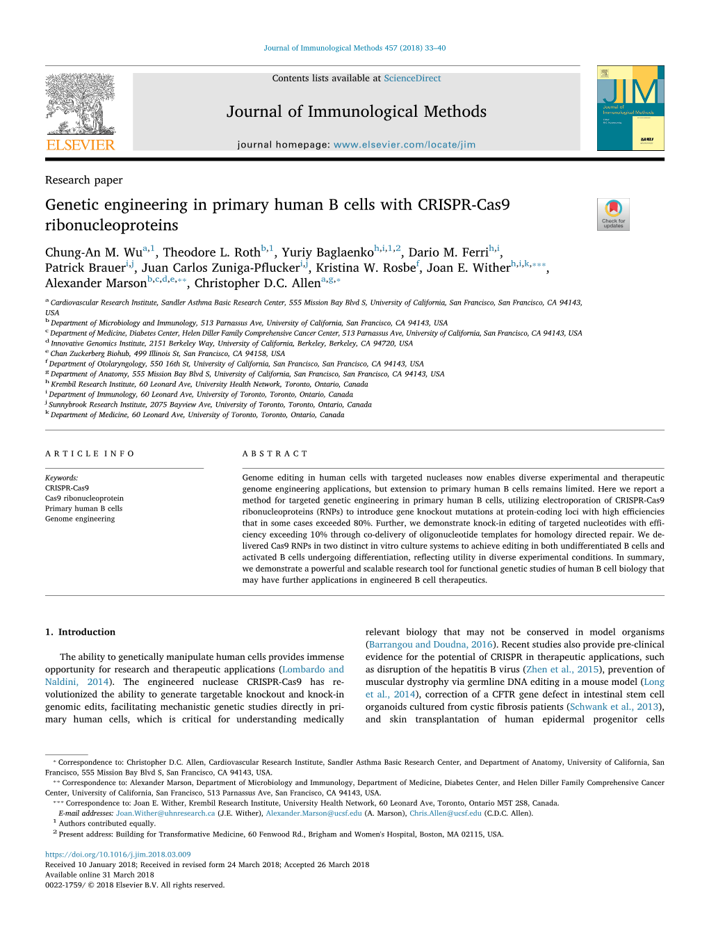 Genetic Engineering in Primary Human B Cells with CRISPR-Cas9 T Ribonucleoproteins